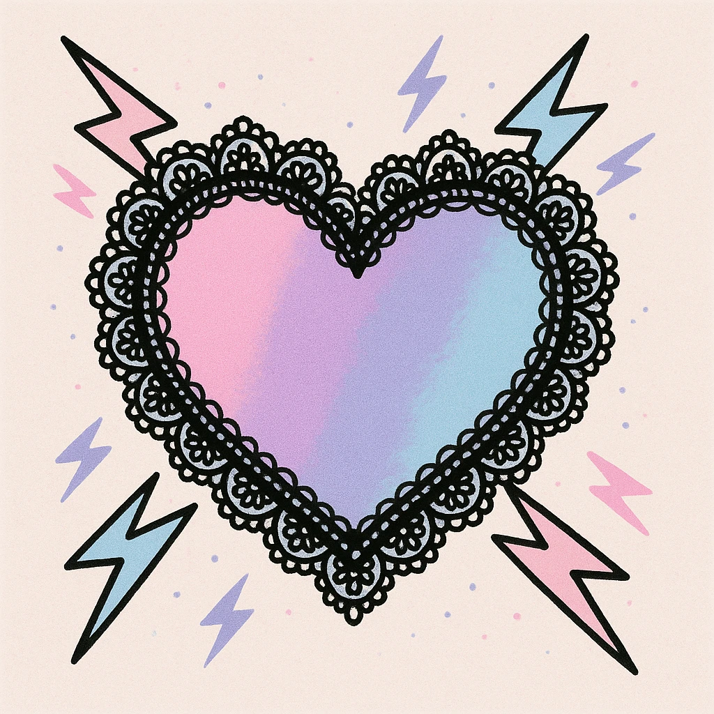 pastel goth heart with pastel lightning and black lace emoji