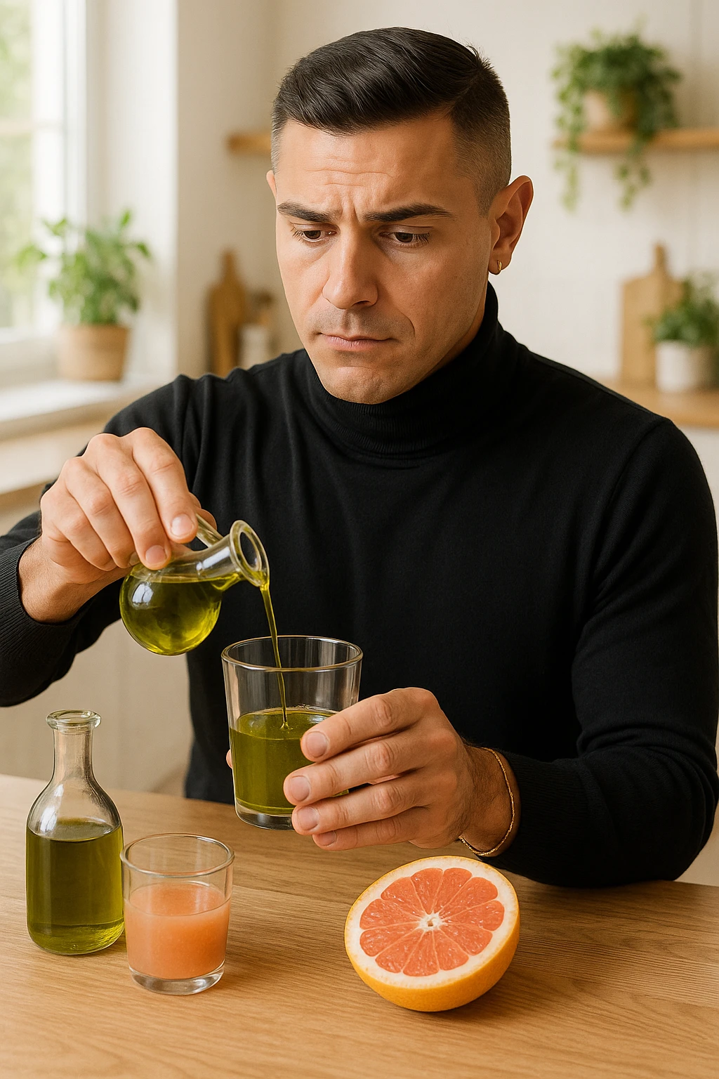 A realistic, warm-toned photo-style image of a man in his kitchen preparing a liver and gallbladder flush. On the counter, there is a small glass bottle of high-quality extra virgin olive oil with a rich green hue, and a freshly cut pink grapefruit with a small glass of its juice next to it. The man, in his mid-30s, looks focused and slightly apprehensive as he mixes the olive oil and grapefruit juice in a clear glass, preparing to drink it as part of a natural gallbladder cleanse. The background is clean, bright, and minimalist with wooden countertops, green plants, and sunlight coming through the window, giving a sense of natural health practices. The mood conveys a realistic moment of alternative health care, illustrating the preparation and intention for a natural flush to address gallstones, while maintaining a calm, educational, and hopeful tone emoji
