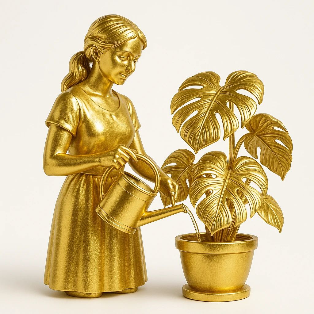 woman watering her monstera plant emoji