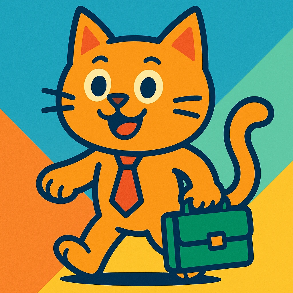 happy cat wearing a tie and carrying a briefcase, fun colorful style emoji