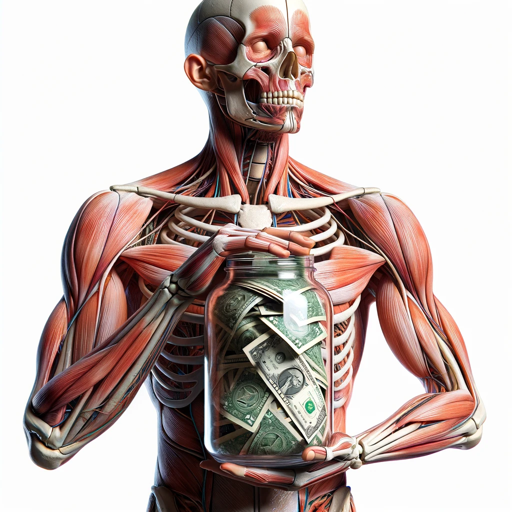 corpo umano anatomico che ha in mano un barattolo di vetro pienissimo di banconote, iperrealistica 4k, isolato su sfondo bianco emoji