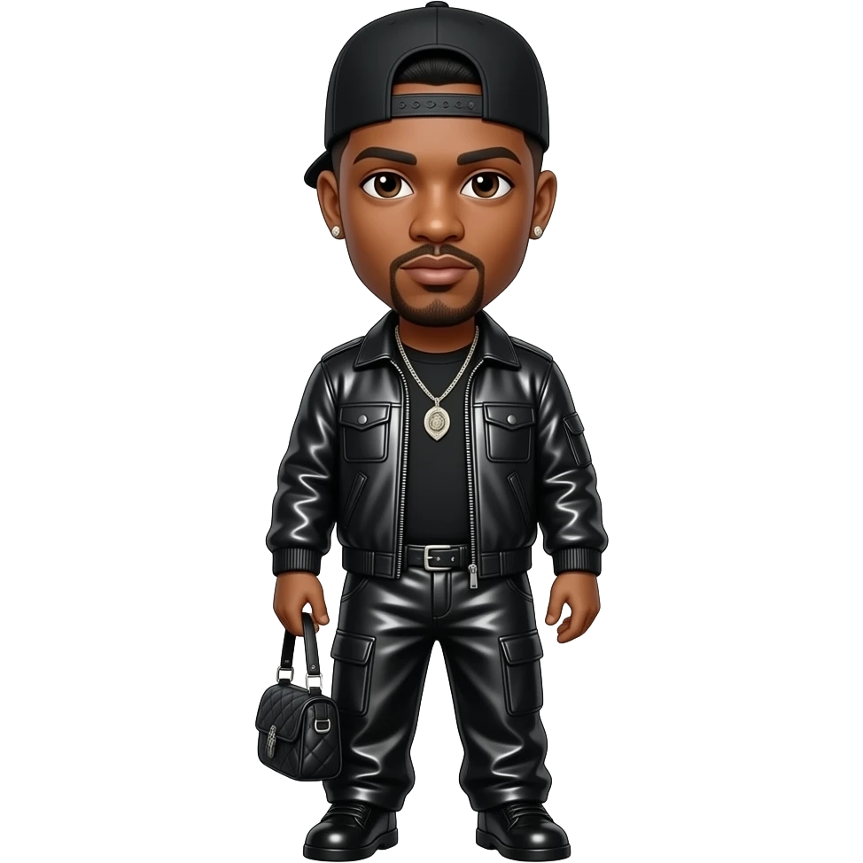 K-Ci from Jodeci with dark brown eyes, black short fade hair, black cap, black metallic jacket, black metallic baggy pants, necklace and earrings emoji