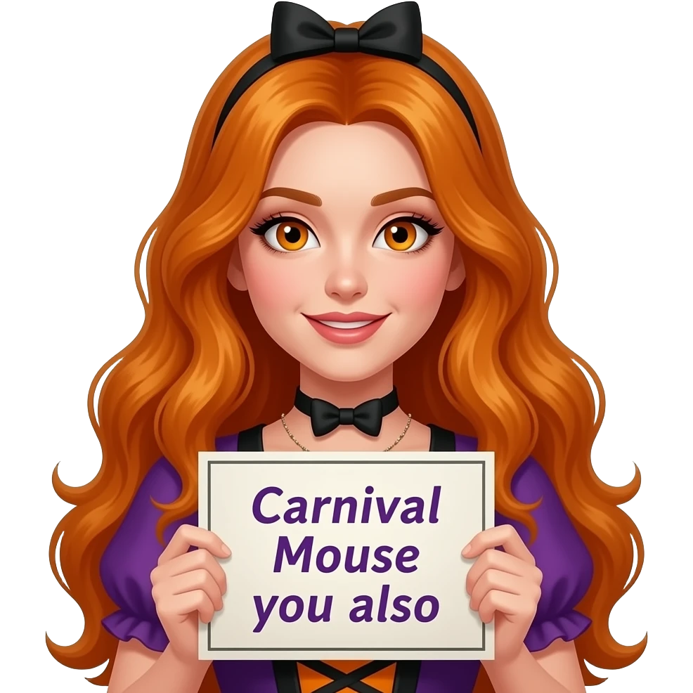 sexy girl with overlong ginger hair and ginger eyes wearing a halloween dress holding a KARNEVALS MAUS dich auch sign emoji
