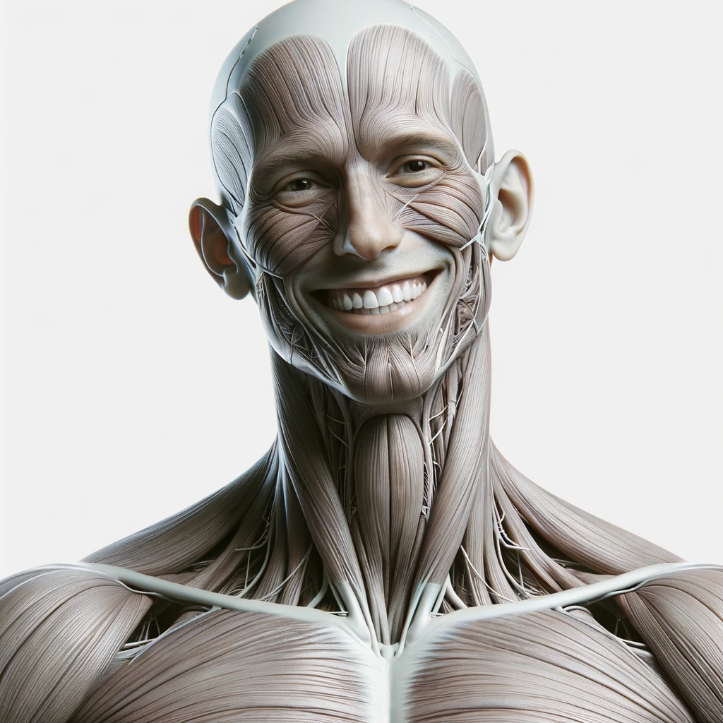 corpo umano anatomico a figura intera che sorride rilassato, iperrealistico 4k, isolato su sfondo bianco emoji