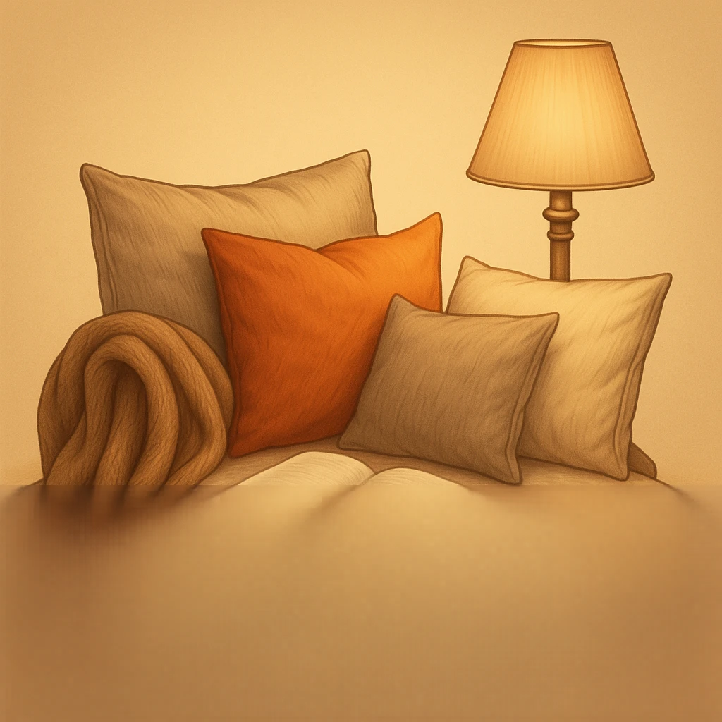 Remove any shadow from the image. Keep the cozy reading nook with pillows and a lamp, warm and inviting atmosphere. Maintain transparent background. emoji