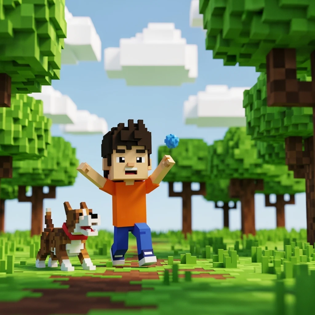 kid and his pet dog in 3d voxel style  emoji