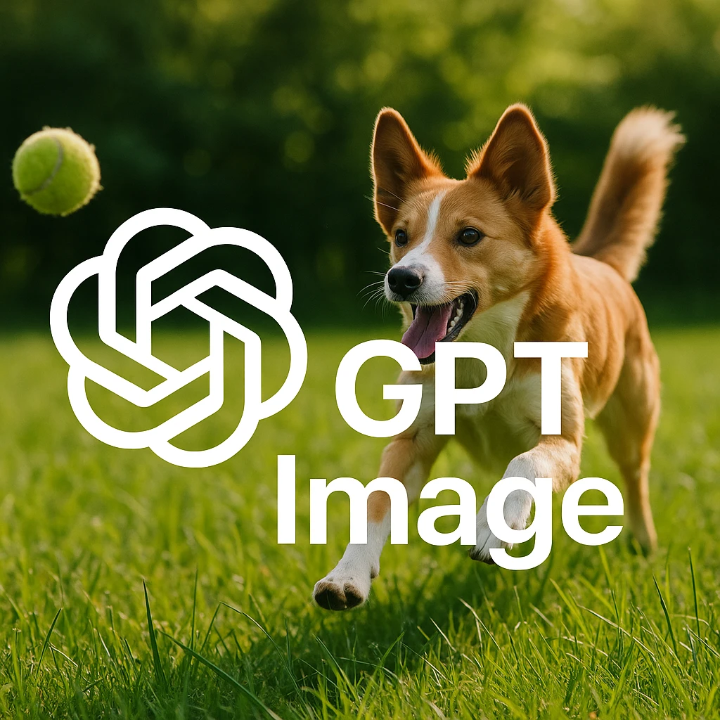  logo of chat gpt with text "GPT Image" on the background of a dog chasing ball, realistic image emoji