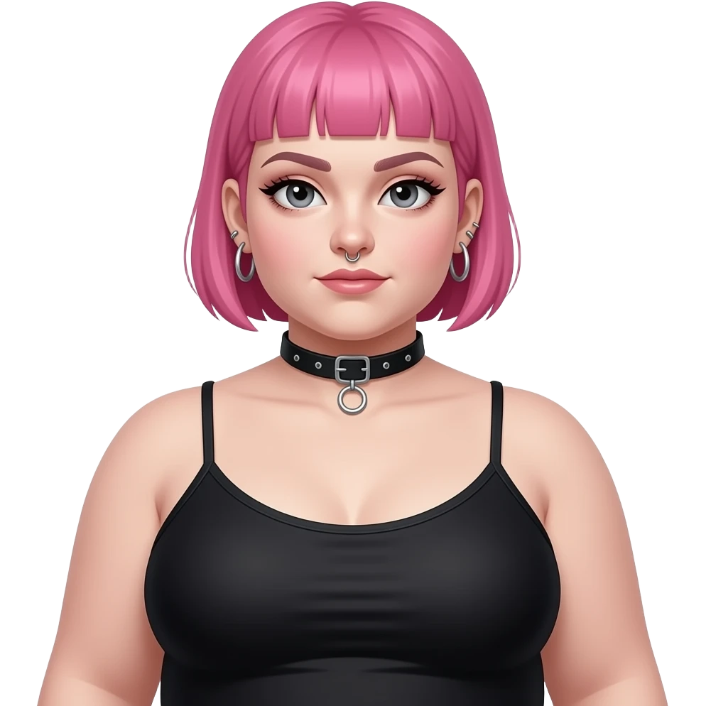 In a spaghetti string holter top, Full body obese goth girl with ear rings nose ring, choker and short buzzcut pink hair show her from head to foot emoji