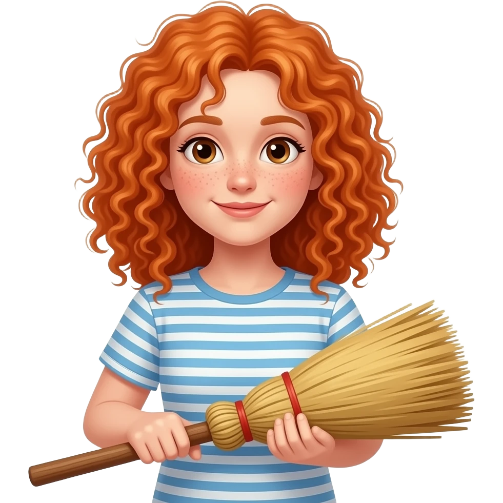 Fille rousse bouclés tâches de rousseur balai emoji