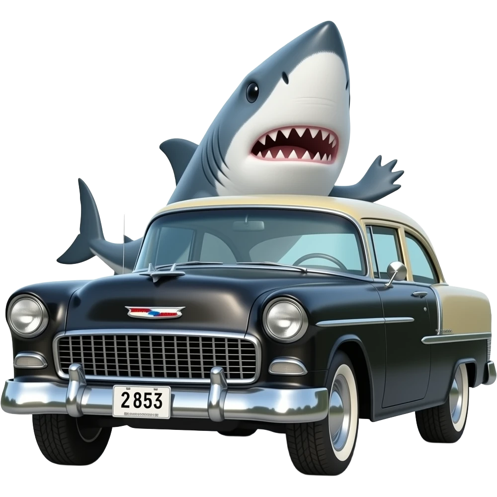shark driving black 1955 chevy 3/4 view emoji