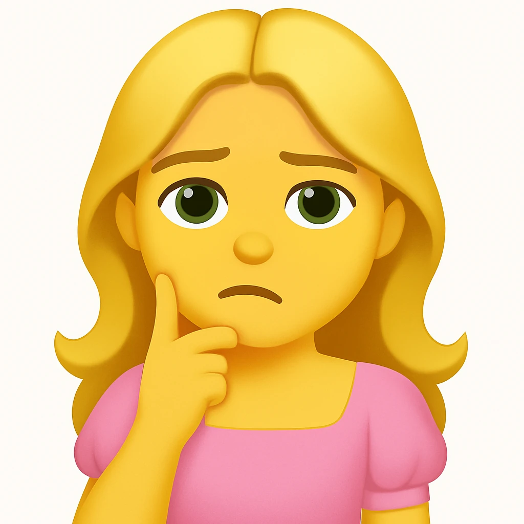 Create an iOS emoji style image of a blonde with long hair, green swamp eyes, and a pink pastel dress with a thoughtful expression. Keep all facial features, clothes, and hairstyle from the reference image. emoji