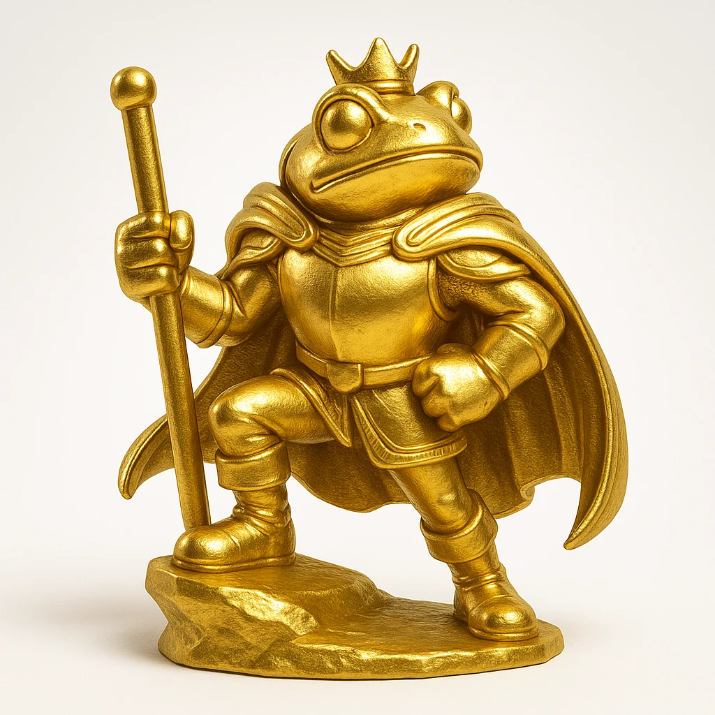 Golden Jump King, heroic stance, large title text, shiny and powerful look emoji