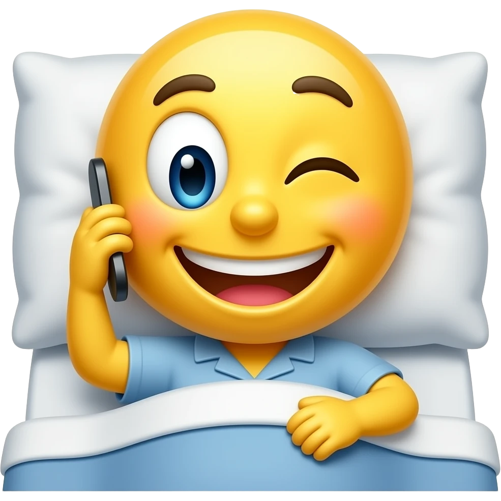 Yellow tired smiley reading phone messages in bed with one eye open emoji