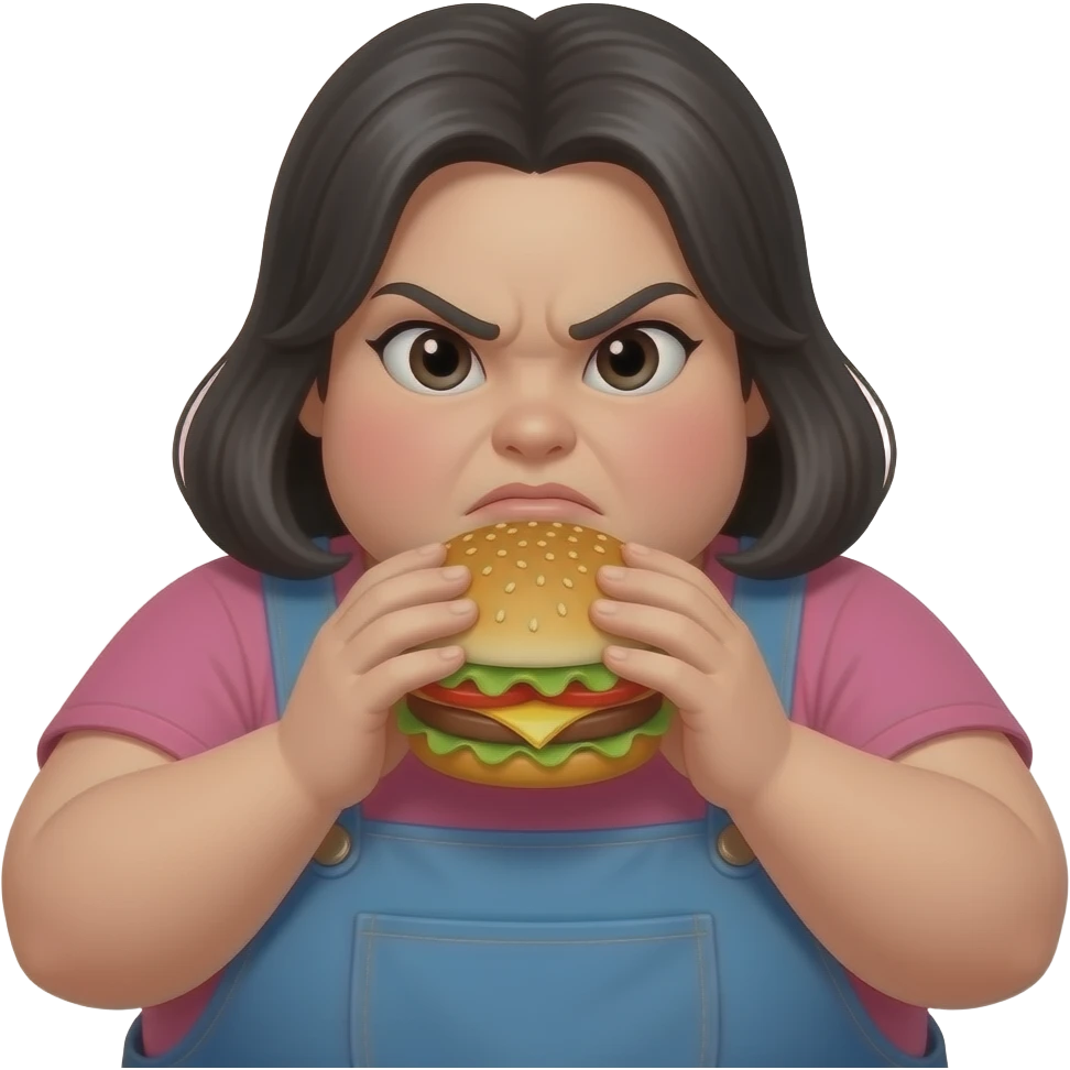 mujer muy gorda con cara seria (no enojada)  con pelo negro y comiendo hamburguesa emoji