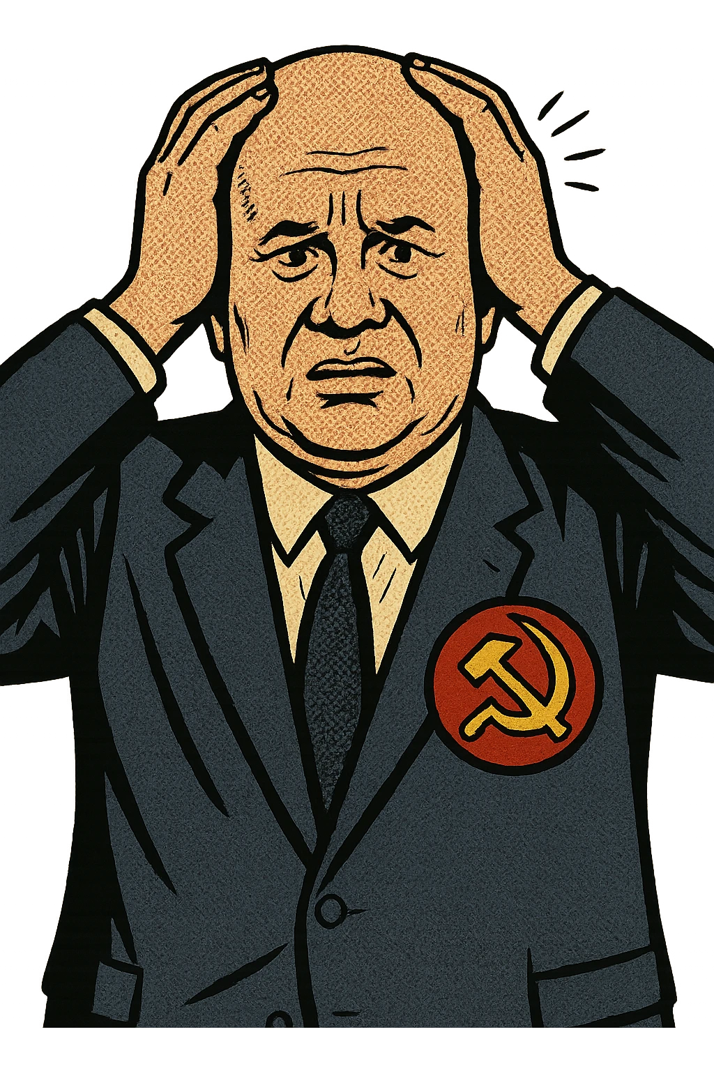 Soviet leader Khrushchev facing forward. He is wearing a suit with a large communist badge on his chest with his hands on his head looking worried. emoji