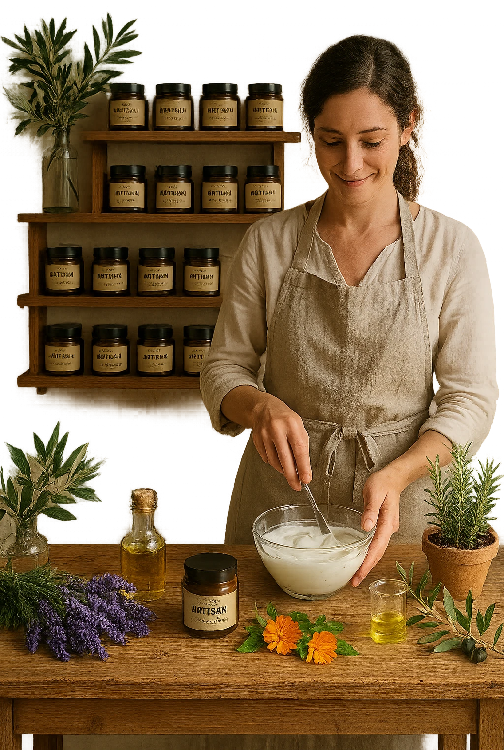 A realistic, high-quality photo of a small artisan skincare laboratory in Italy, with wooden shelves displaying beautifully packaged glass jars of natural creams made with herbal and botanical extracts, olive oil, and essential oils, clearly labeled ‘100% Natural’ and ‘Artisan Made in Italy’. The scene includes a bright, sunlit rustic workspace with plants, fresh lavender, rosemary, calendula flowers, and olive branches on the wooden counter, symbolizing purity and nature. A female artisan in a linen apron is carefully mixing creams in a glass bowl, smiling softly. The environment feels warm, authentic, and eco-friendly, emphasizing the concept of handcrafted skincare without synthetic chemicals emoji