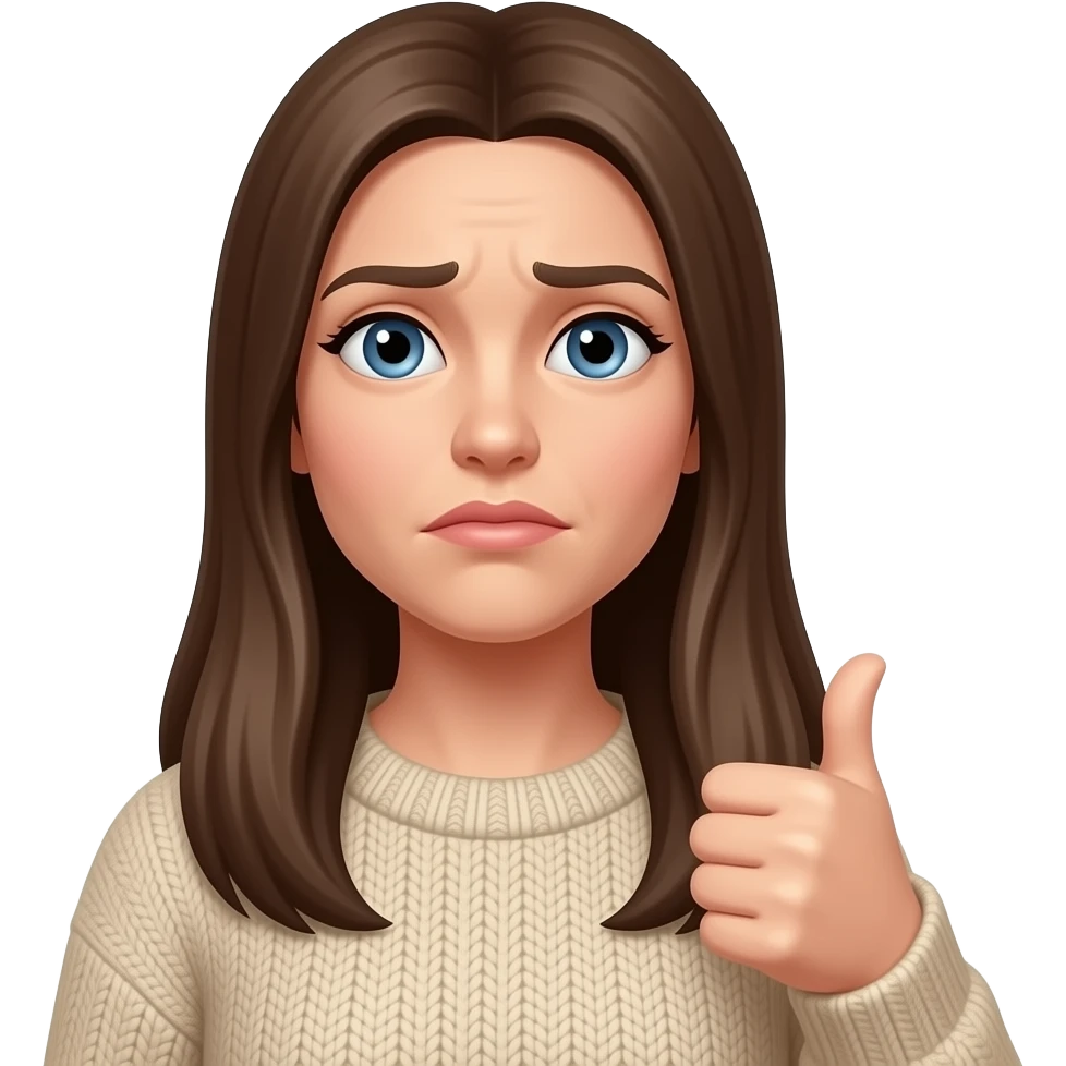 Woman. Long straight Brown hair. Blue Eyes. Beige sweater. Confused with a thumbs up emoji