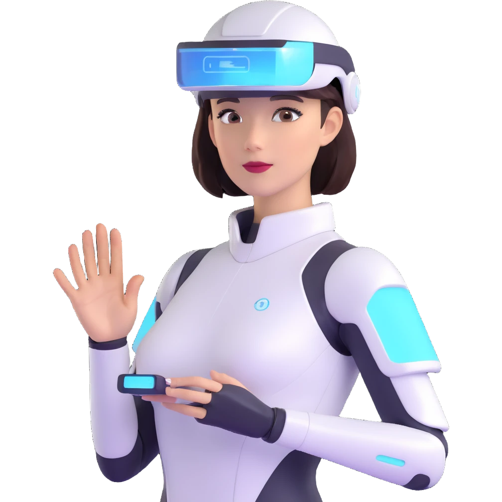 human-like female autonomous AI agent, wearing a visor, holding a holographic interface, futuristic and approachable emoji