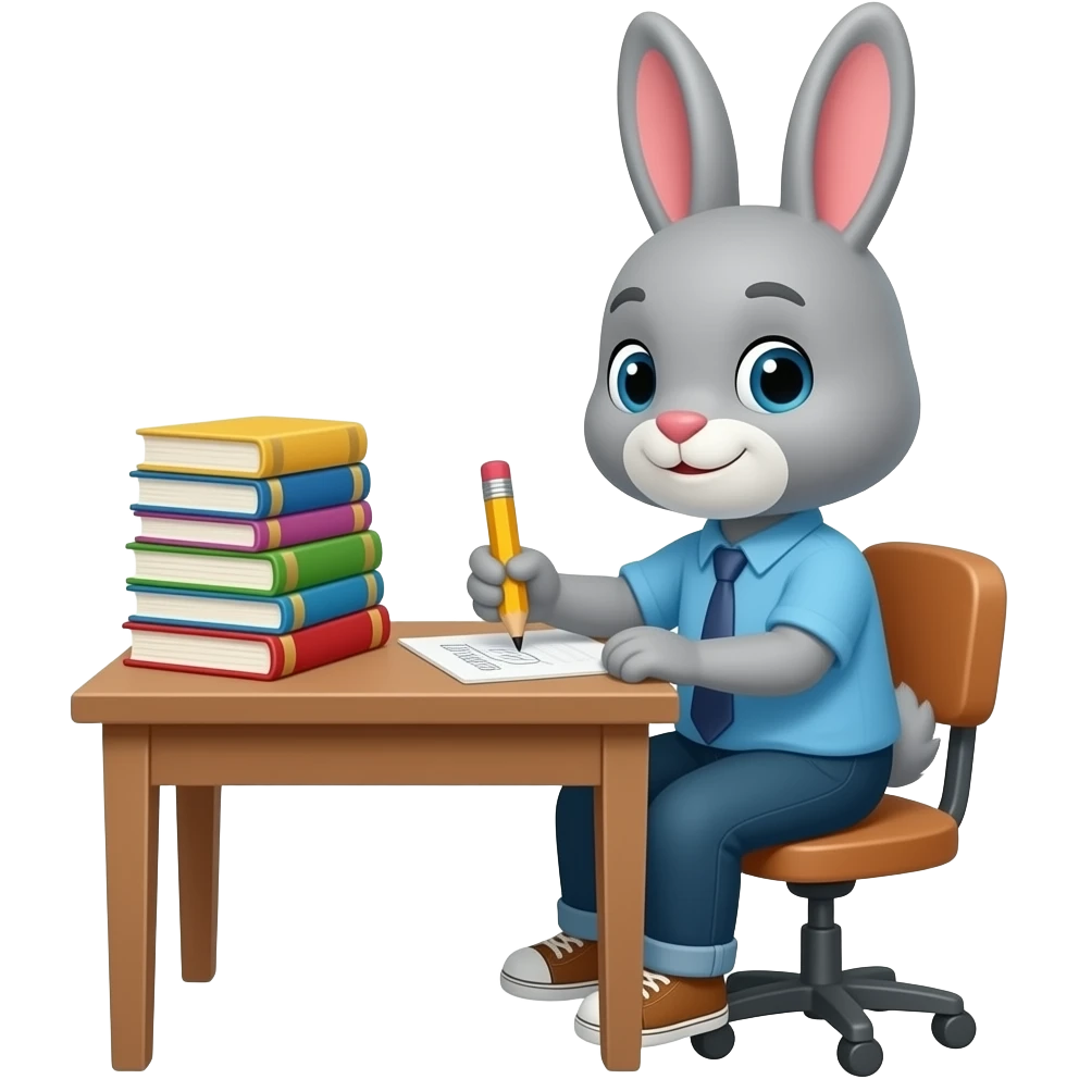 17. Then, grey bunny does bunny’s homework at home. 🐰 emoji