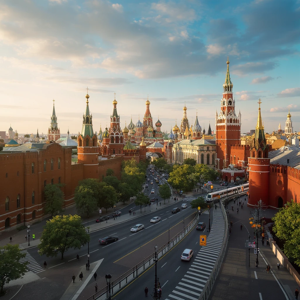 Изометричная миниатюрная 3D модель Москвы на подставке - фотореалистичный Кремль, собор Василия Блаженного, фотореалистичный Башни Москва-Сити, аккуратная детализация, яркие цвета, мультяшный реализм, гуляют люди и современный автотранспорт и метро, компактная композиция, вид сверху в изометрии emoji