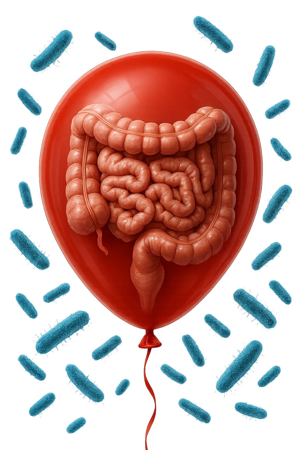 intestino umano anatomico chiuso in un palloncino rosso con batteri intestinali che fluttuano intorno, iperrealistico 4k emoji