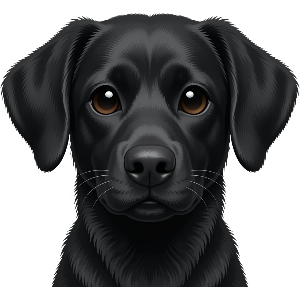 Créer un emoji visage de chien noir, il a de grande oreille noires et un long museau. Le poil est court et fin emoji