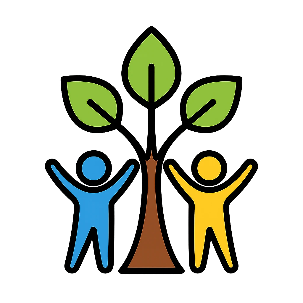 stylized tree with upward branches and young figures symbolizing growth, clean lines, blue green and yellow palette, empowering futures of the youth emoji