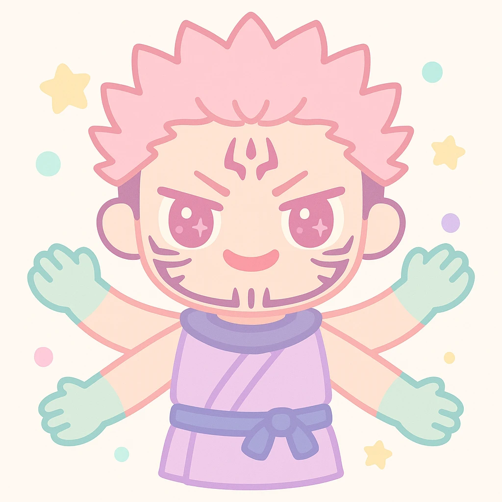 Sukuna from Jujutsu Kaisen, menacing expression, four arms, facial markings, anime style emoji