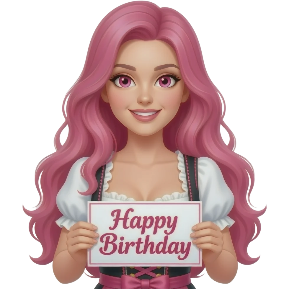 sexy girl with long pink hair and pink eyes wearing a dirndl holding a ALLES GUTE ZUM GEBURTSTAG sign emoji