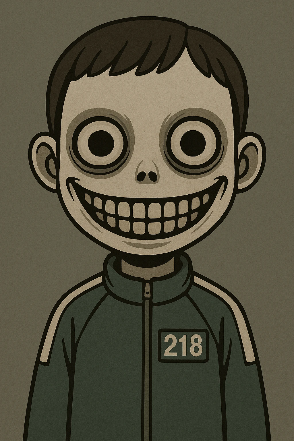 scary boy doll with a wide, unsettling smile, inspired by Squid Game, in a minimalist, unsettling cartoon style emoji