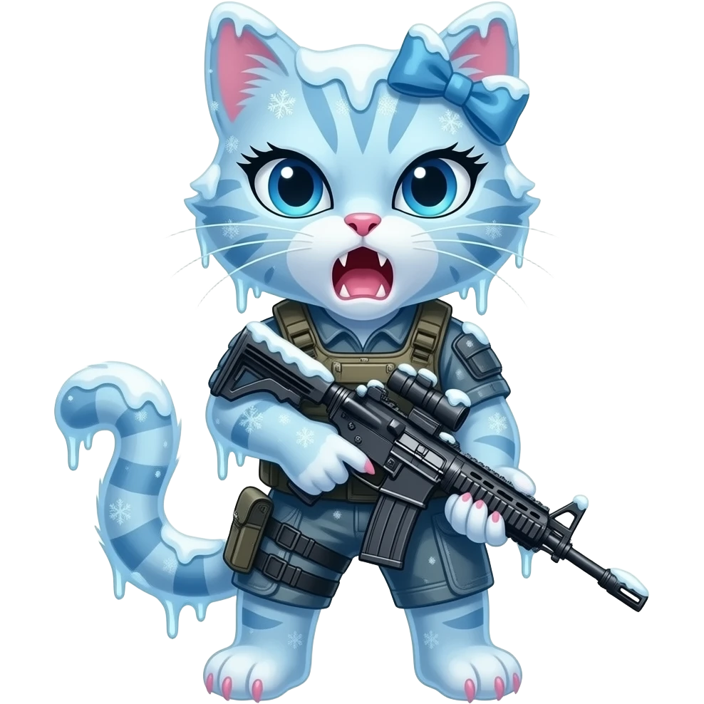 a sleek pretty female cat which is made from ice snow and snowflakes and covered from frost. the cat is wearing modern warfare gear and weaponry and is yelling angrily. their clothing and weapons are covered in frost and icicles. the cate is wearing a pretty bow, has long eyelashes and pink claws emoji