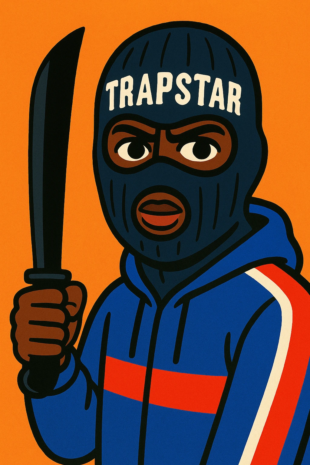 Black person with English appearance wearing a Trapstar balaclava, holding a black machete knife emoji