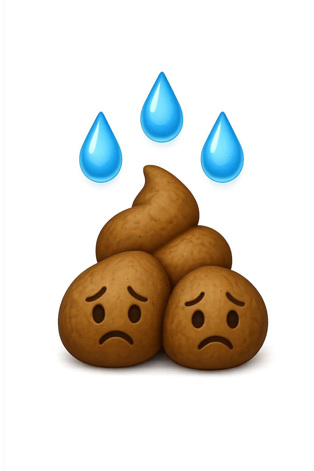emoji stile iphone di una montagnetta di feci umane realistiche a palline tristi con sopra un simbolo delle gocce di acqua, iperrealistico 4k emoji