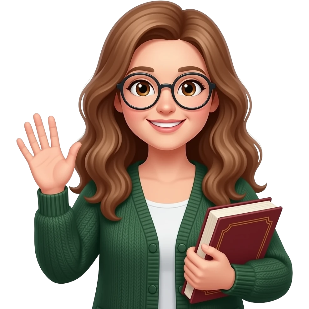 detailed emoji illustration of a curvy woman with long light brown wavy hair, light brown eyes and round glasses waving with one hand while holding a book in the other, wearing a dark old green cardigan, friendly and cheerful expression, cute emoji style emoji