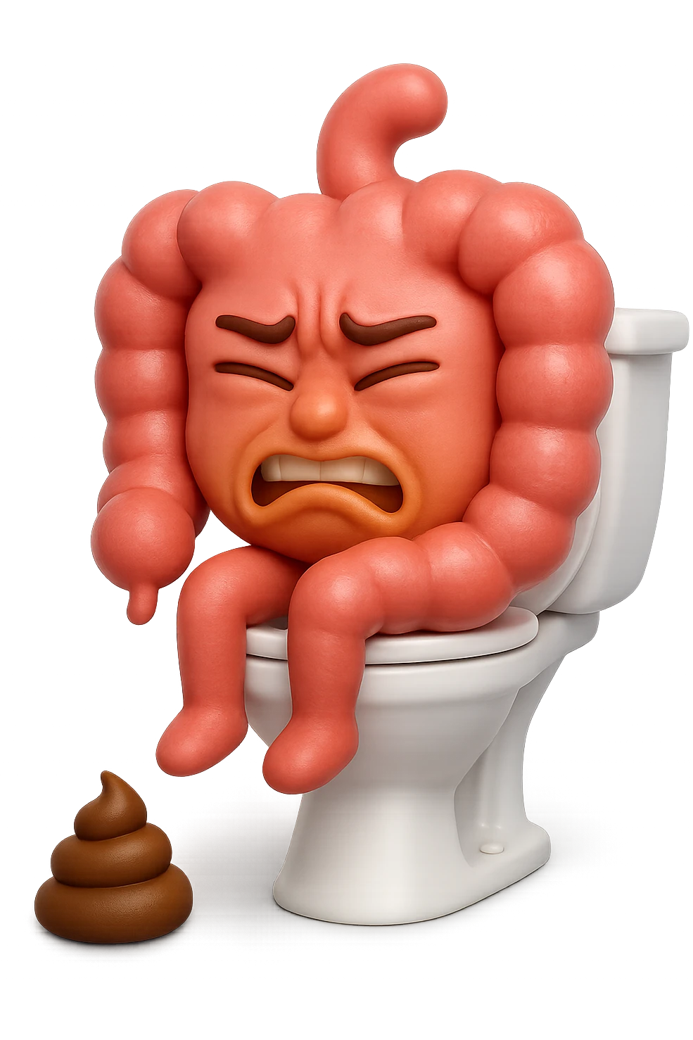 SU QUESTO STILE FAI UN EMOJI STILE IPHONE 3D DI UN INTESTINO CHE sta seduto sul wc e davanti ha una montagnetta di feci a palline stile emoji iphone, FAGLI UN ESPRESSIONE di dolore mentre si sforza E FALLO MOLTO REALISTICO IN 3D emoji