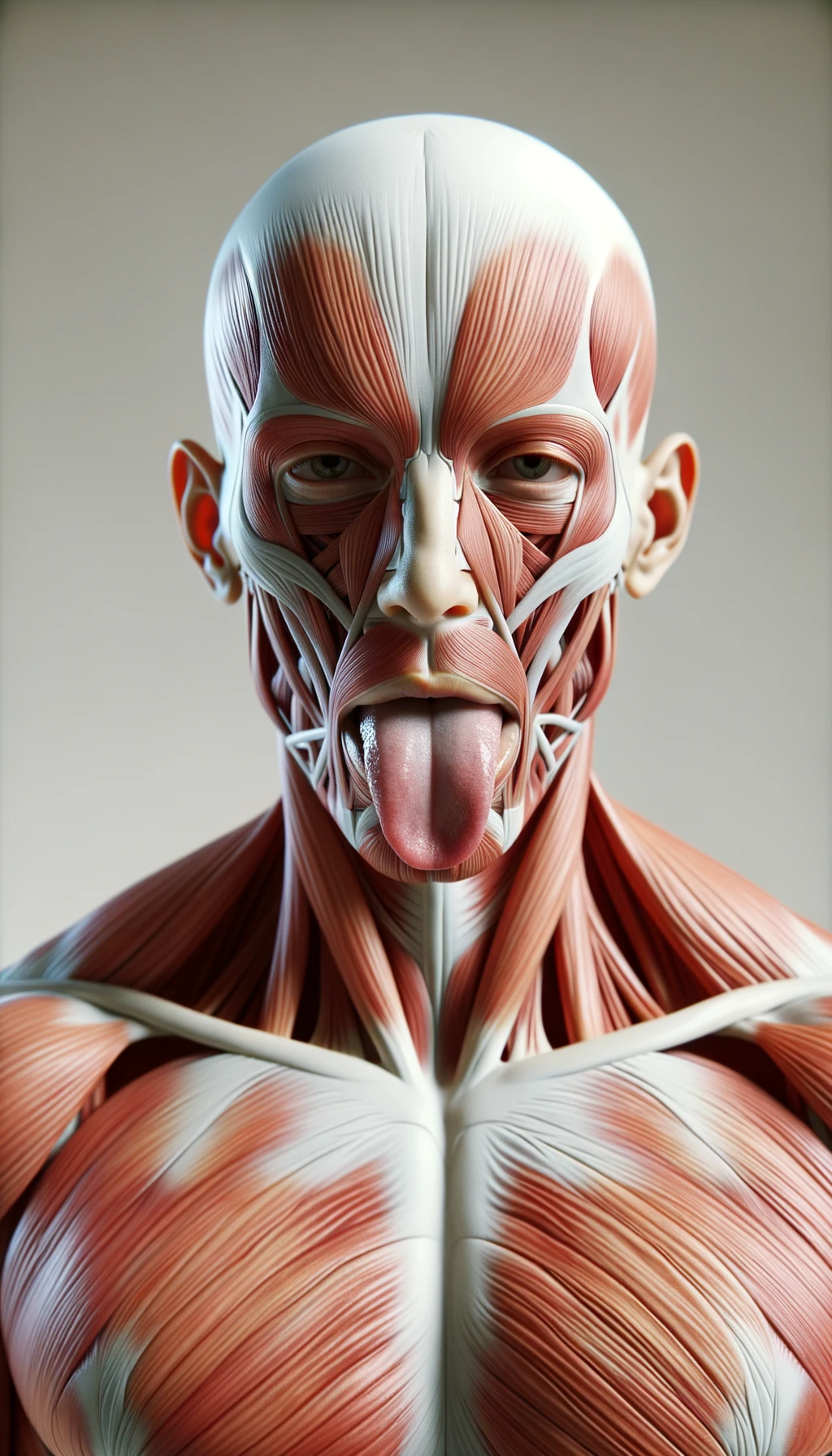 CORPO UMANO ANATOMICO IN PIEDI FRONTALMENTE CHE TIENE LA LINGUA UN PO' FUORI ED è PIENA DI MACCHIE BIANCASTRE, NEUTRAL CLEAR BACKGROUND, COLORI REALISTICI DEI MUSCOLI, iperrealistico 4k emoji