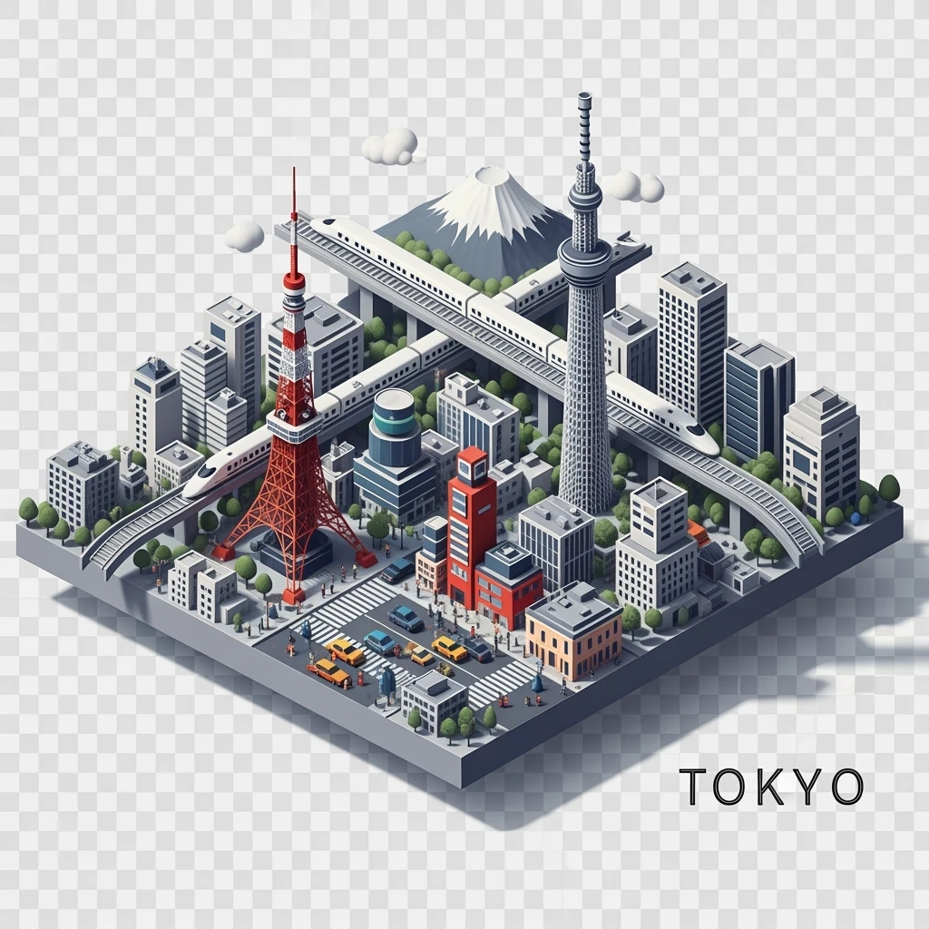 Isometric minimalistic illustration of Tokyo, with Tokyo Tower, Skytree, Shibuya Crossing, Mount Fuji in background, high-speed trains, subtle 3D miniature effect and Tilt Shift effect, no cartoonish look, transparent background. emoji
