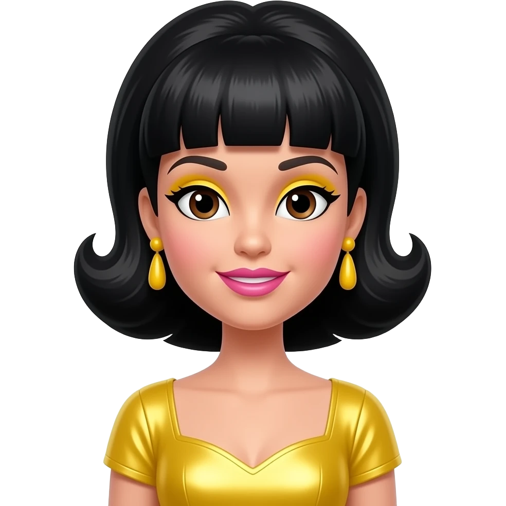 Christie from Barbie and Friends with dark brown eyes, black 60s beehive hair, yellow eyeshadow, pink lipstick, yellow metallic dress, yellow earrings emoji