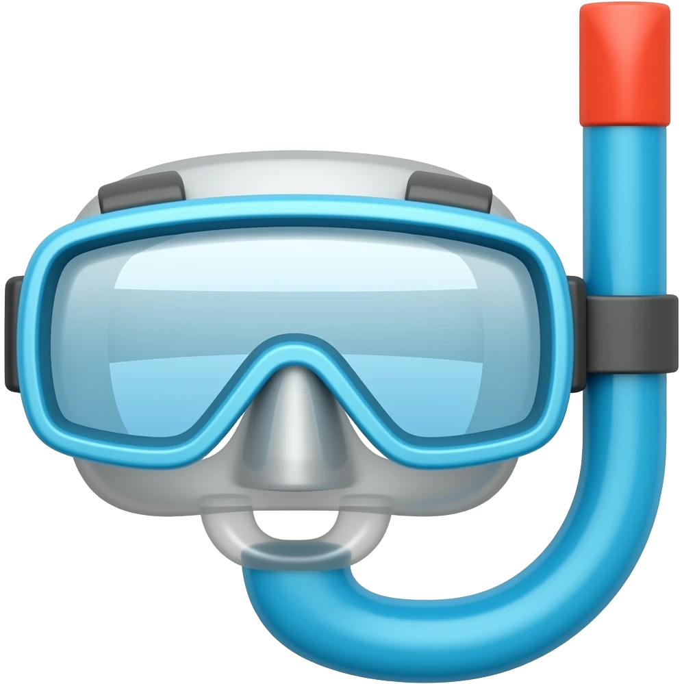 Bright colors, no realistic details, clean and minimal style. Icons from left to right: 1) diving mask with snorkel (blue and grey) emoji