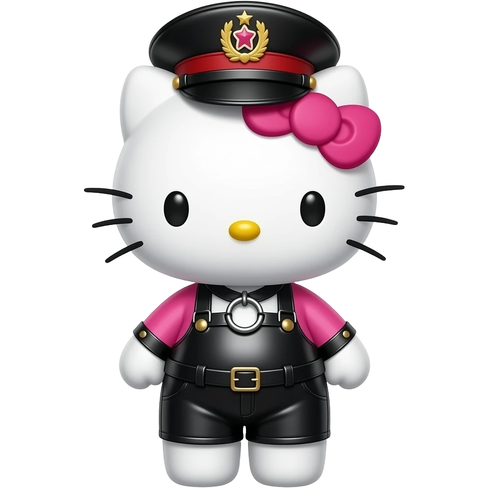 hello kitty representada de cuerpo entero como Dominatrix BDSM fetichista vestida de latex ajustado y O-ring harness, gorra militar de cuero, emoji