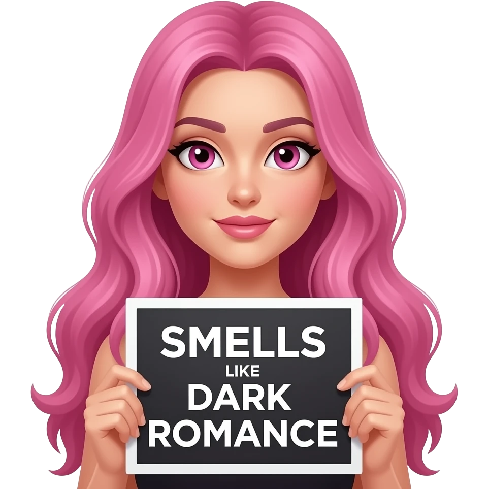 sexy girl with long pink hair and pink eyes holding a SMELLS like DARK ROMANCE sign emoji