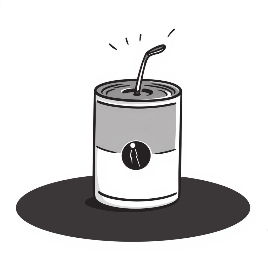 hand-drawn doodle style can of Chef Boyardee pasta, black outlines, minimal color, sketchy, fun emoji