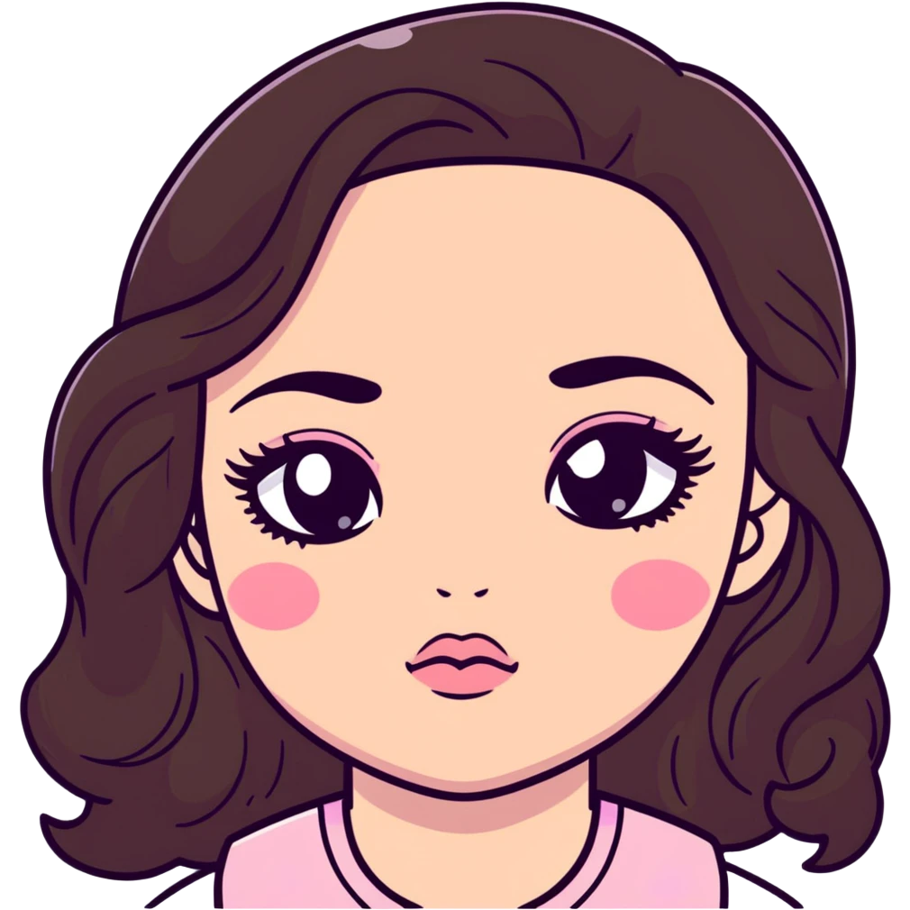 girl with light wheatish skin, dark brown long wavy hair, pouty shiny lips with berry lip gloss, large eyes with eyelashes, pink blush on cheeks, inner eye highlighted with white eyeliner, button nose emoji