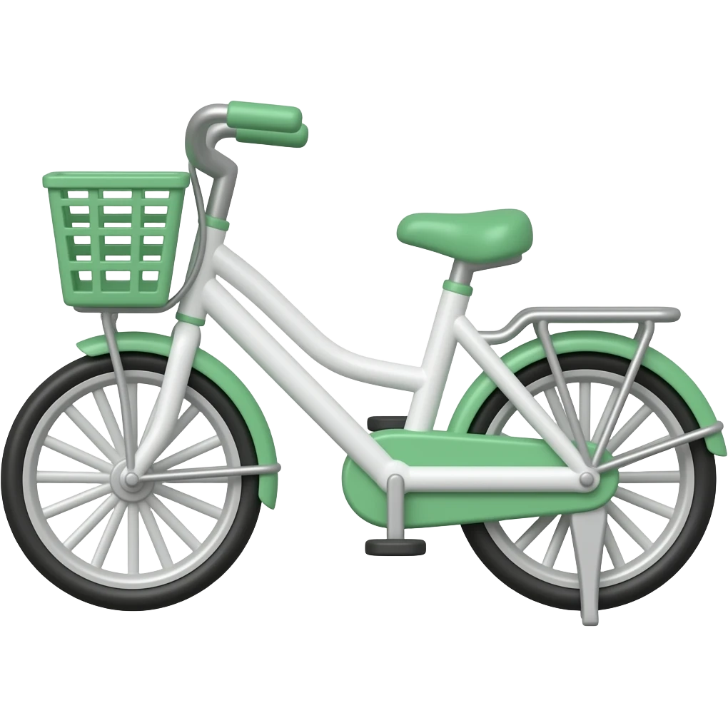 korean city bike emoji, white bicycle with green details, front basket, minimal clean design, soft pastel tones, centered, aesthetic style emoji