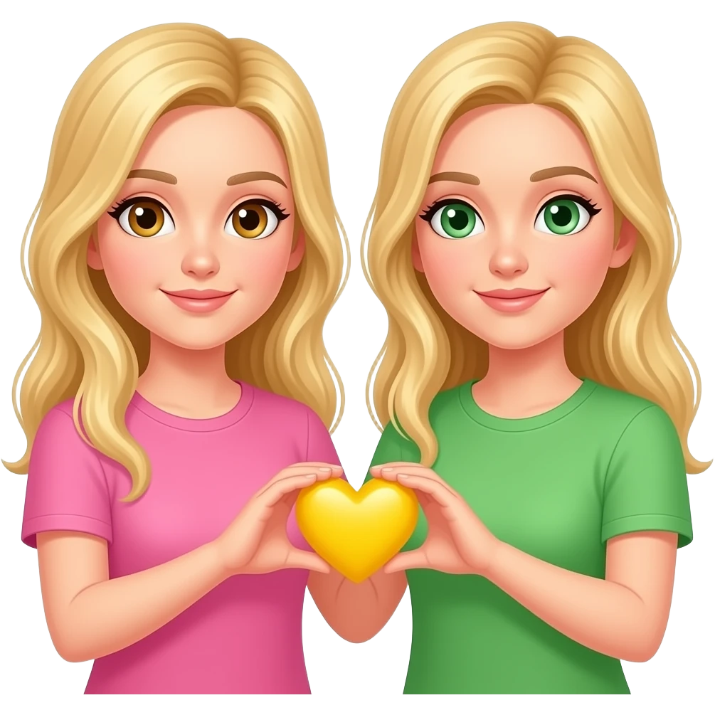 Foto de 2  rubias cogiendo un corazon amarillo con las manos la de la izquierda con una camiseta rosa y la otra con una camiseta verde con los ojos marrones la de la izquierda y la de la derecha color marrones y verdes emoji