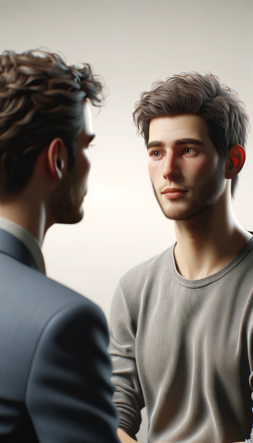 una persona parla e un altra persona di spalle lo ascolta, immagine iperrealistica 4k, sfondo chiaro emoji