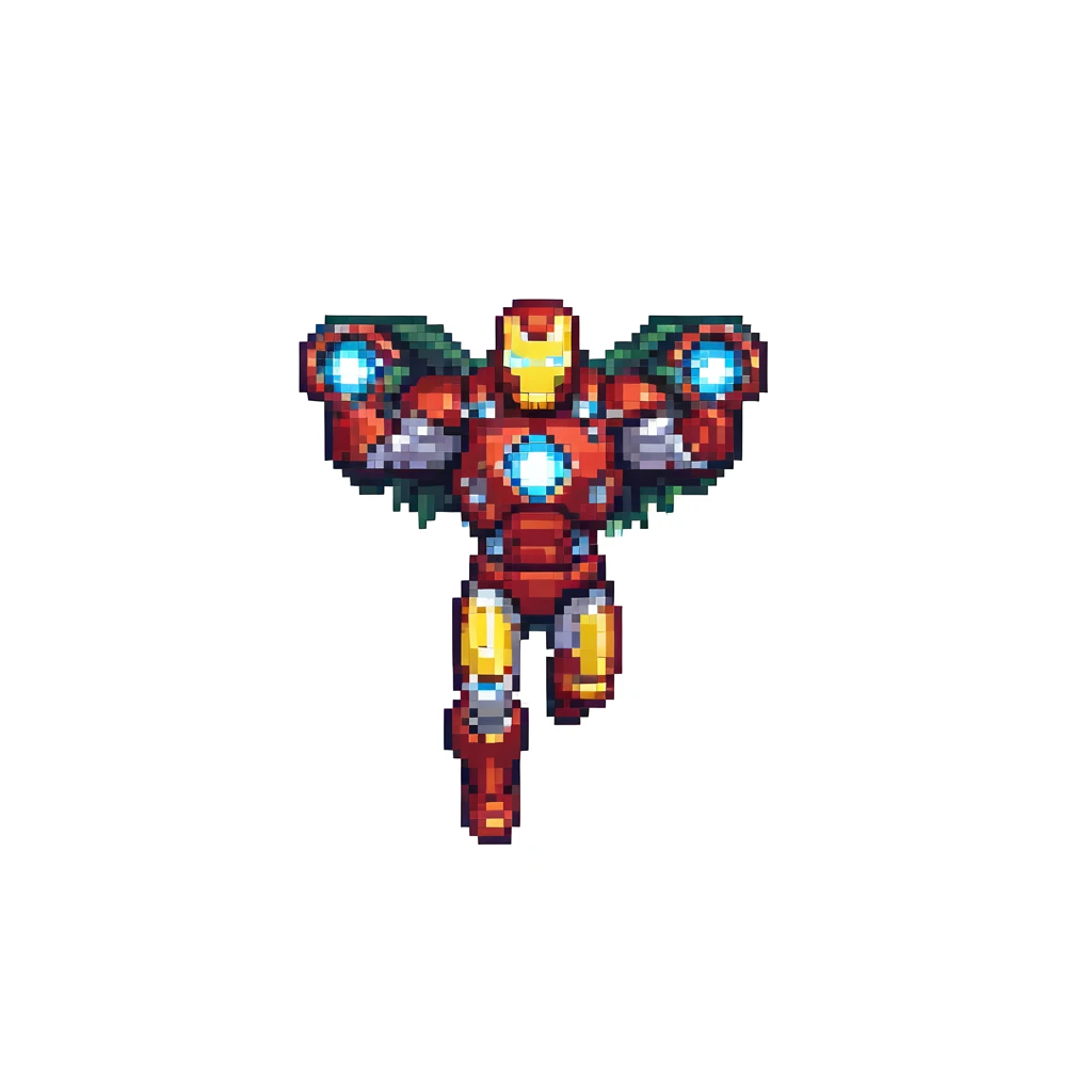 Iron Man in pixel art style, flying pose, glowing arc reactor, simple background emoji