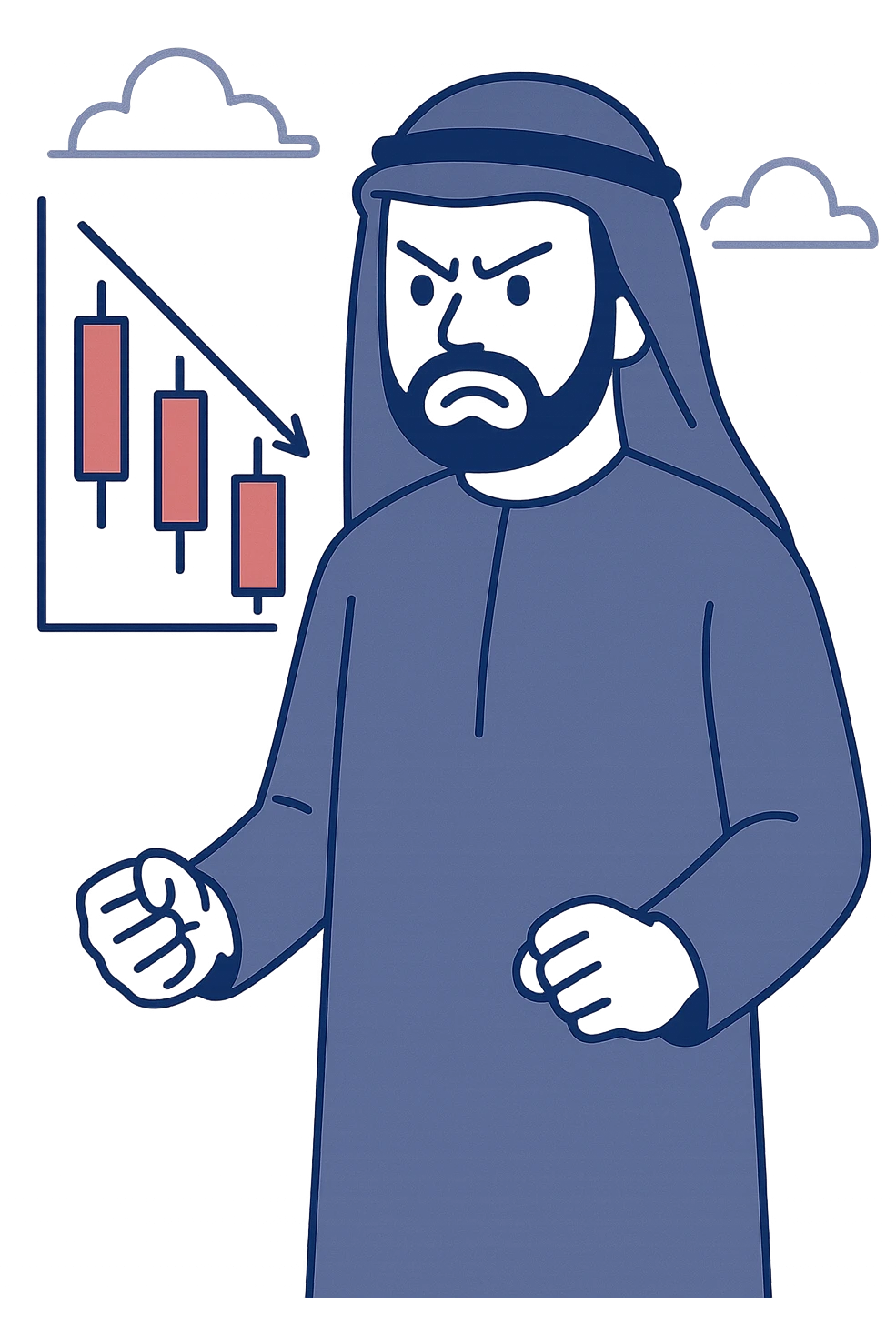 Arab trader angry after a loss with red candles, flat modern style, Middle Eastern trading theme emoji