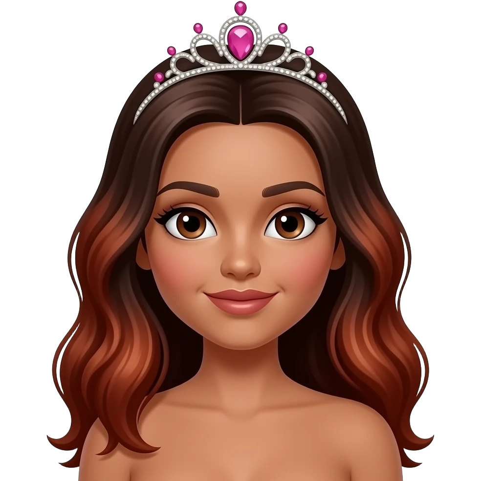 hair with pink tiara, Dark brown eyebrows,Dark brown skin, Doll shaped face, doll eyes, wavy with side part longer straightened auburn  hair with dark brown highlights, big breast no bra emoji