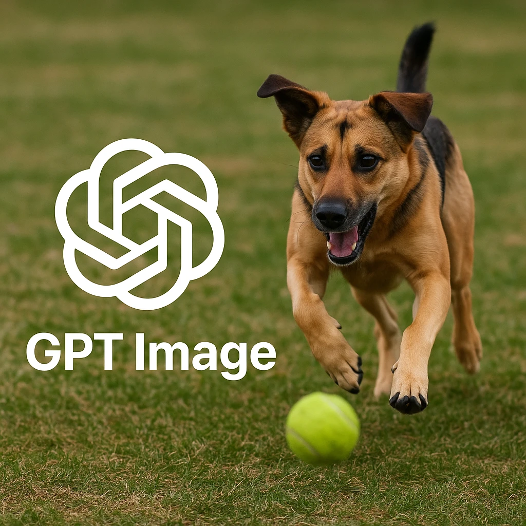  logo of chat gpt with text "GPT Image" on the background of a dog chasing ball, realistic image emoji